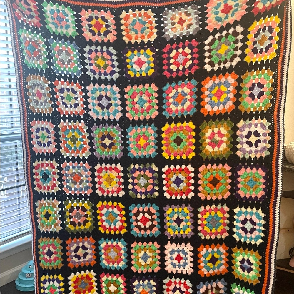 70s Inspired Large Handmade Crochet Throw Blanket Black (Vintage)